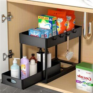 Under Sink Basket Organizer 2 Tier Sliding Storage for Bathroom Kitchen Black